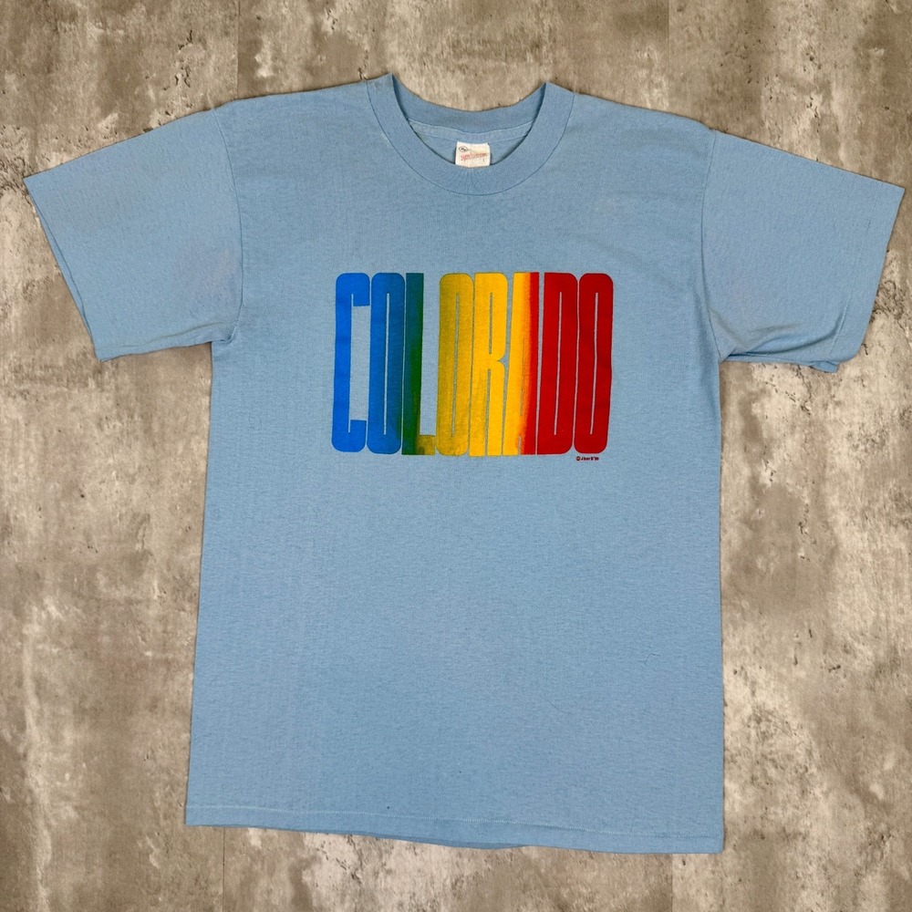 Vintage Colorado T-Shirt Mens Large Blue Mountains Rainbow Logo Short Sleeve 80s